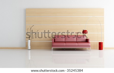 red leather sofa against clear wooden paneling -rendering
