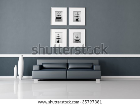 navy blue interior with modern leather sofa -rendering,the image on wall are my composition