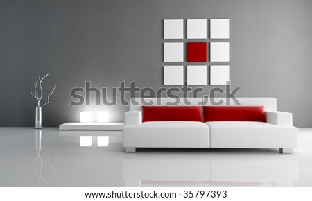minimal contemporary red and white living room - rendering