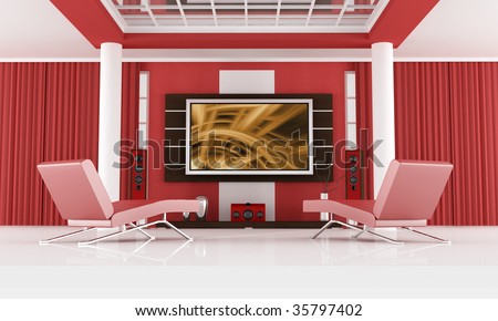 red chaise lounge in a modern living room with home theater system - the image on screen is a my composition