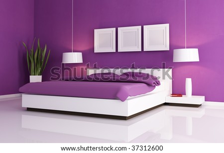 minimal purple bedroom with white  double bed