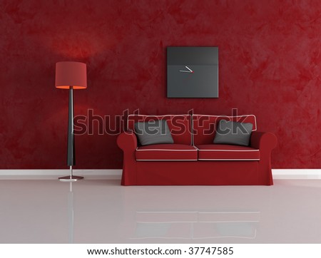red and black living room with velvet couch - rendering