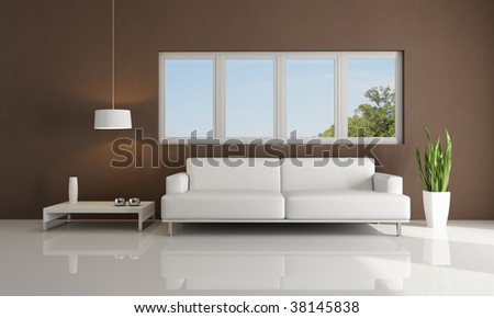 white couch against windows in brown lounge - rendering- the image on background is a my photo