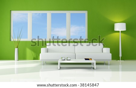 white sofa against windows in a green lounge - rendering - the image on background is a my photo
