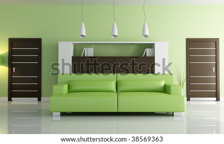 green modern sofa against modern bookcase
