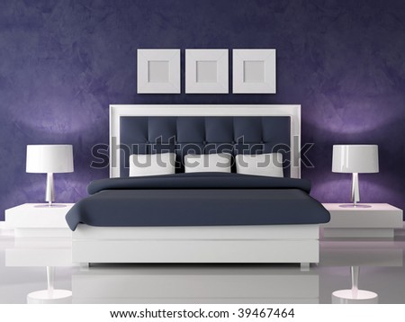 fashion white and navy blue bedroom against dark purple stucco wall - rendering