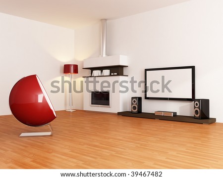 white minimal living room with fireplace fashion armchair and home tv equipment - rendering