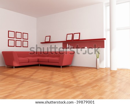white and red modern living room - rendering