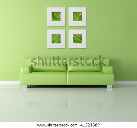 green modern interior with leather sofa and abstract picture, the images on wall are my composition
