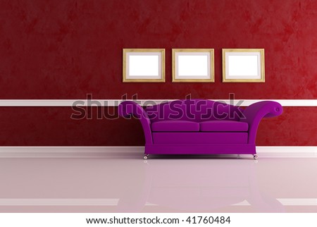classic leather sofa in a purple living room - rendering