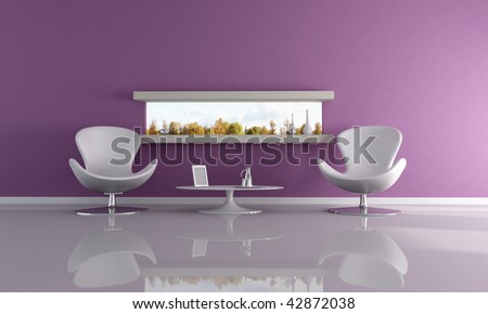 purple lounge with narrow horizontal window -rendering- the image on back ground is a my photo