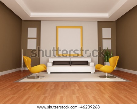 living room with modern couch and two orange armchair - rendering