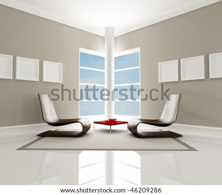two brown fashion armchair in a minimalist room - rendering