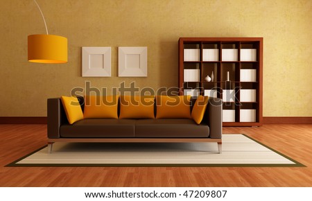 brown modern couch and wood bookcase in a living room / rendering