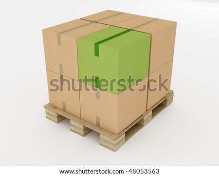 corrugated cardboard boxes on wooden pallet with one green box  isolated on white
