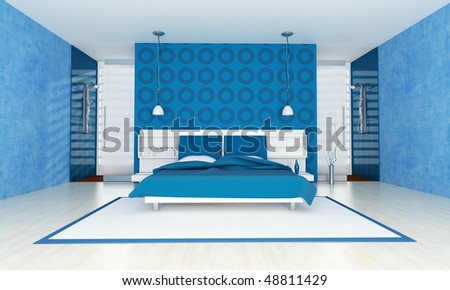 contemporary blue bedroom with two steel shower-rendering