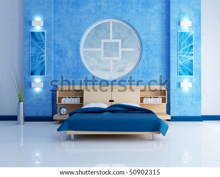 blue bedroom with wooden bed and circular window -rendering-the art work on wall is a my abstract composition