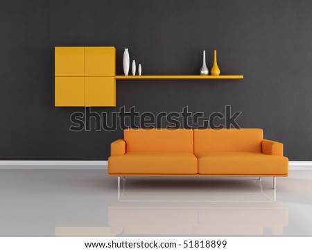 orange couch in minimalist black interior-rendering