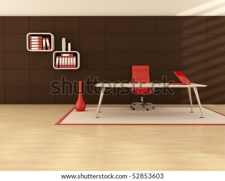 minimal office space with modern desk in front a dark wooden paneling