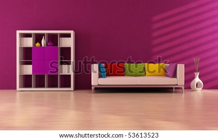 purple modern interior with colored sofa and book case - rendering