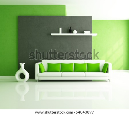 stock photo : minimalist green and balck interior with modern couch