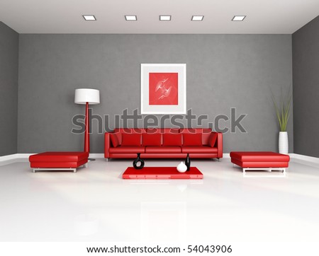 red and gray minimalist interior - rendering - the art picture on wall is a my abstract composition