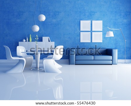 modern  dining room  with blue sofa - rendering
