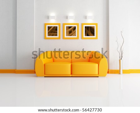 orange modern sofa in a white living room-rendering- the art pictures on wall are my composition orange modern sofa in a white living room-rendering- the art pictures on wall are my composition