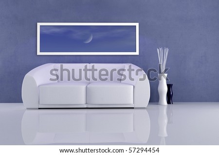 deep blue living room with white elegant sofa - rendering - the art picture on wall is a my rendering composition