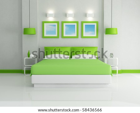 modern  bright green bedroom  - rendering - the art pictures on wall are my photo
