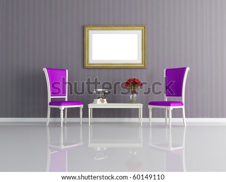 classic interior with two purple chair  and vintage telephone - rendering