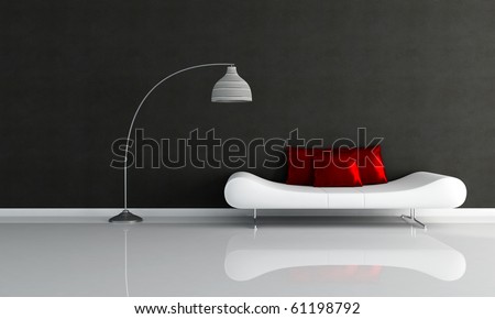 black and white minimalist lounge with fashion couch and red silk pillow-rendering
