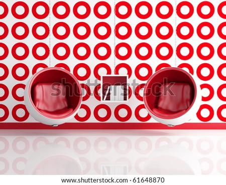 red and white interior with ball chair supported by chains - rendering