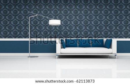 black and white damask wallpaper. stock photo : white couch with