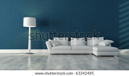 elegant modern white couch in a blue interior with concrete floor - rendering