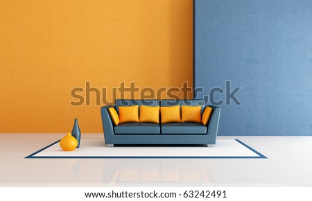 modern  sofa with pillow in aminimalist blue and orange living room - rendering
