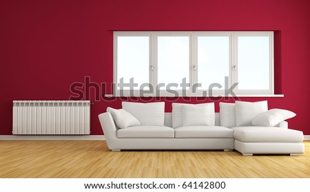 Living Room Couch on Modern Living Room With White Sofa And Hot Water Radiator Stock Photo