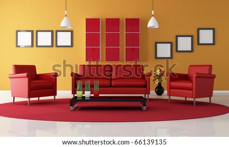two red armchair and sofa in a contemporary living room - rendering