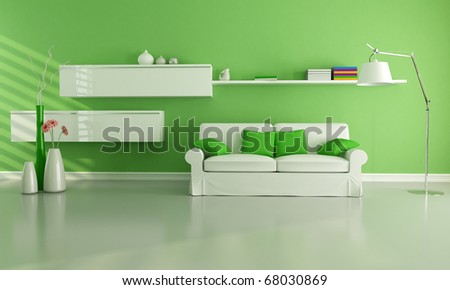 contemporary living room with white sofa and shelves - rendering