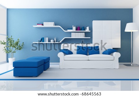 White Couch In A Blue Modern Living Room - Rendering Stock Photo ...