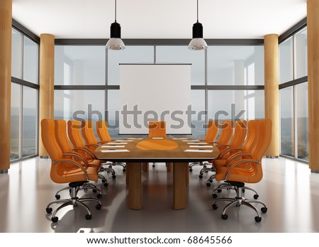 wooden and orange meeting room with large windows- rendering - the image on background is a my photo