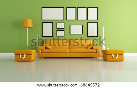 modern living room with orange couch and two ottoman - rendering