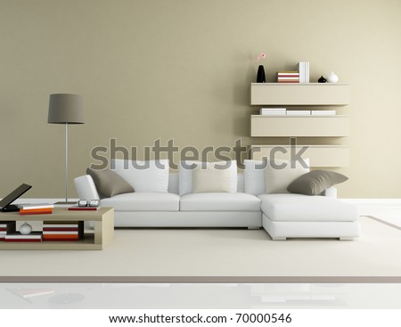 stock photo : brown and beige modern living room - rendering