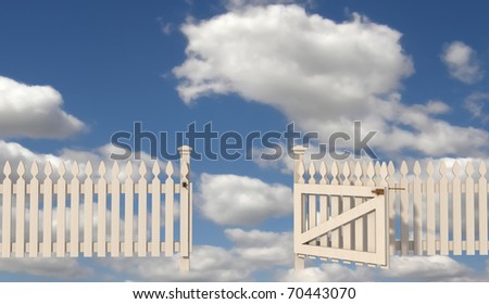 wooden fence with open gate to paradise - rendering