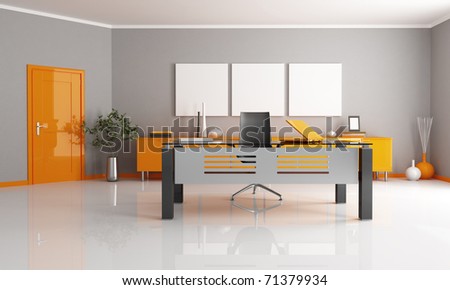gray and orange office space - rendering