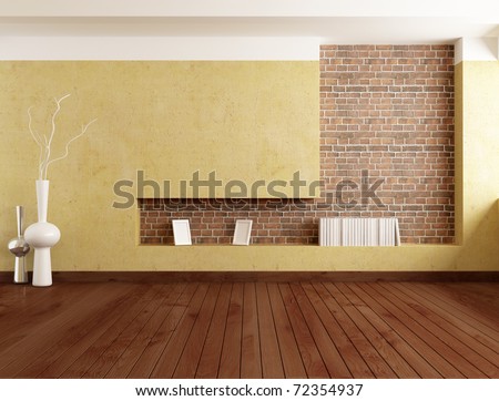 empty minimalist room with plaster wall and brick niche - rendering
