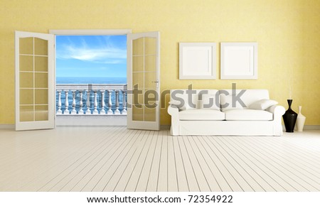 living room of a mediterranean beach house - rendering - the image on background is a my rendering composition