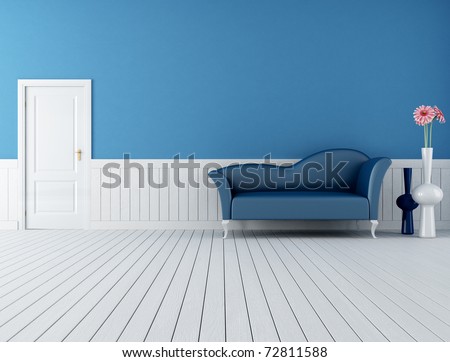 modern blue sofa in a retro interior with plank wood floor-rendering