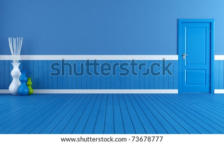 empty blue interior with blue wooden plank and door - rendering