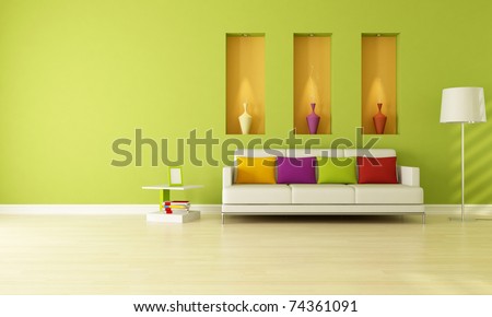 minimalist green living room with three niche -rendering